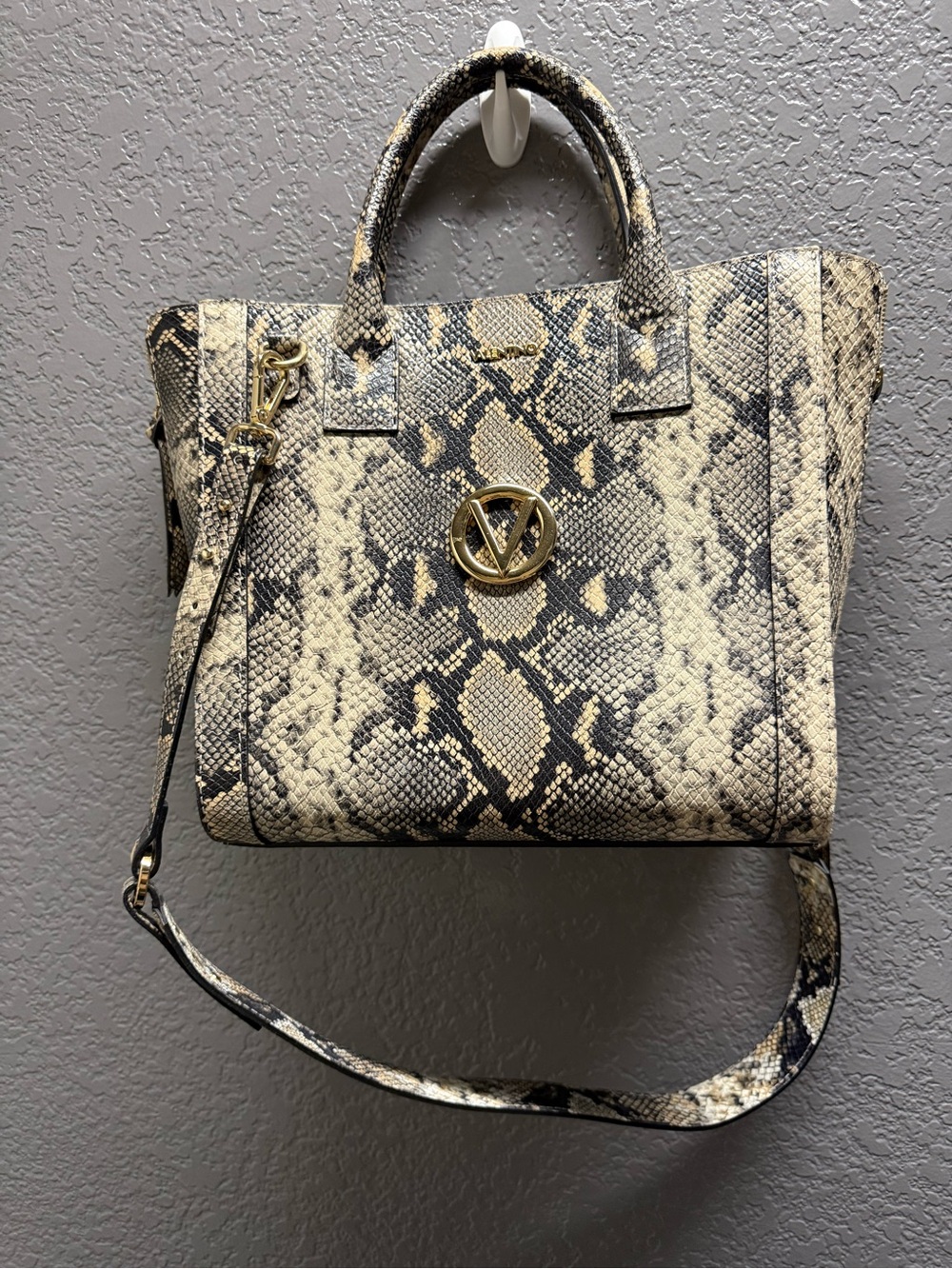 Valentino By Mario Valentino Snake-Print Satchel in Beige and Black